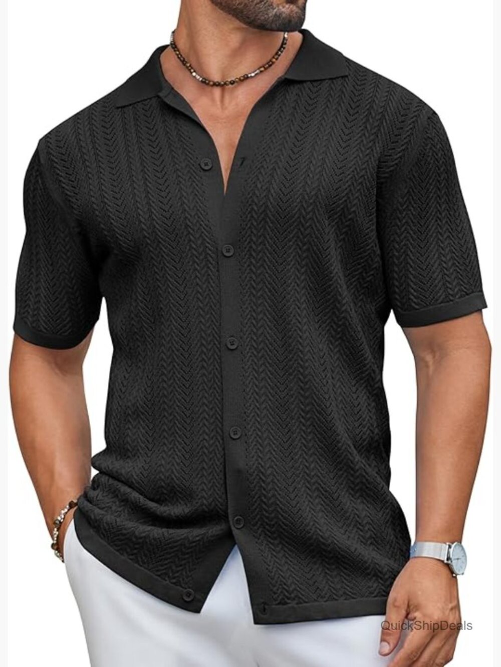 Mens Knit Short Sleeve Button Down Shirt Casual Beach Vacation Summer Shirt
